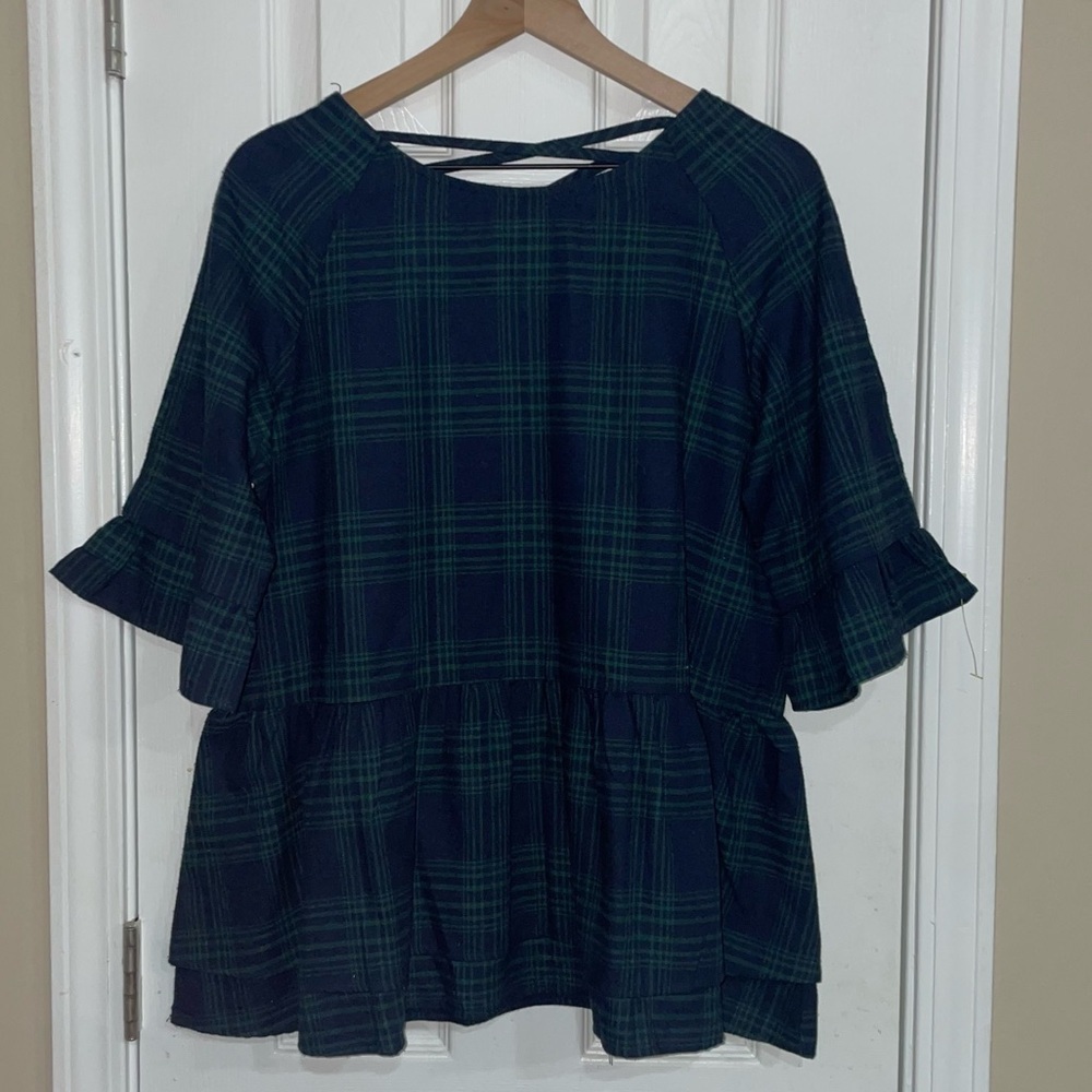 Tartan Plaid BD Collection Large Ruffle-Sleeve Green & Navy Flannel Top